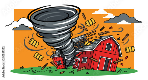 Tornado destroying a red farm barn and blowing hay bales away