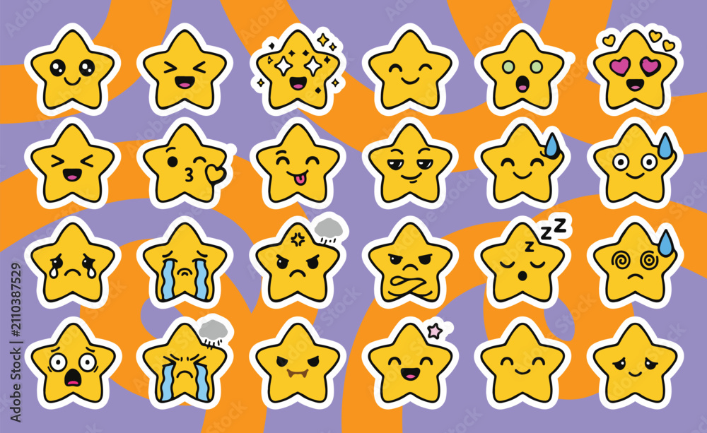 Fototapeta premium cute cartoon star character sticker set featuring various emotional expressions and moods against a purple and orange swirling background