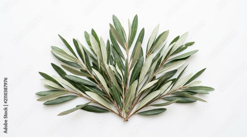 Obraz premium Fresh Olive Branch with Silvery-Green Tops and Pale Undersides, Leaves in Loose Fan Formation on White Background, Mediterranean Botanical Decor, Natural Wellness and Healthy Eating Concept