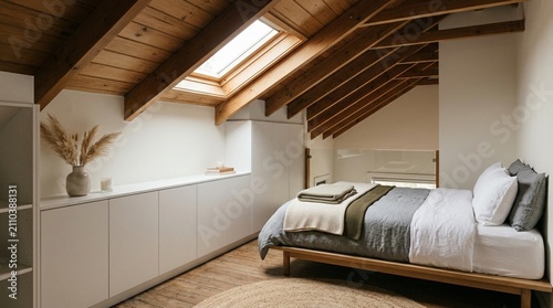 Scandinavian Loft Bedroom with Exposed Wooden Beams, Skylight Window, and Minimalist White Built-in Wardrobe in Modern Attic Space Featuring Natural Light, Earthy Textures, and Contemporary Design
