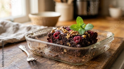 Decadent Dark Chocolate Brownie with Raspberries, Toasted Walnuts and Fresh Mint in Clear Glass Dish, Rustic Homemade Dessert on Wooden Table with Vintage Fork, Rich Indulgent Sweet Treat