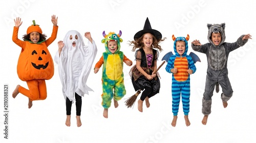 Diverse group of young children wearing fun festive garments for a holiday celebration jump excitedly while displaying their imaginative character apparel to enjoy the spooky season with happy