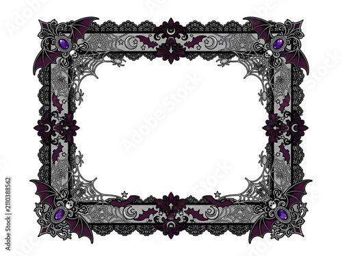 Gothic vampire frame with ornate lace patterns and bat wings, dark aesthetic victorian border featuring purple gemstones and spider webs on white background. Elegant spooky gothic frame for