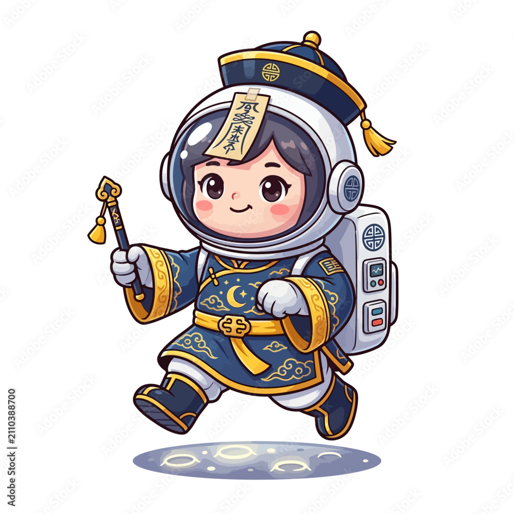 Obraz premium Cute astronaut mascot character wearing a futuristic white spacesuit in space