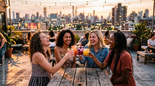 Group of four diverse young women friends toasting with colorful cocktails on urban rooftop terrace during golden hour sunset, celebrating friendship, joy and good times with city skyline background