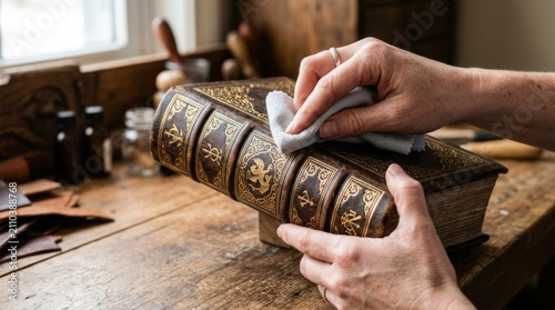 A person polishes an ornate leather bound book with a cloth.