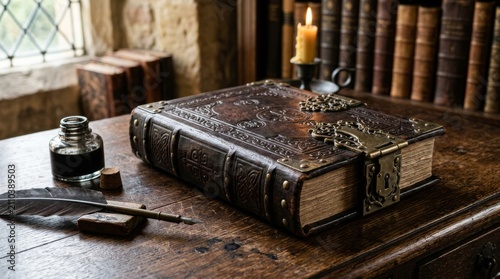 The leather bound book sits on a wooden desk near a lit candle.