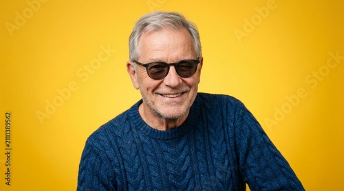 Cheerful senior man with stylish gray hair wearing dark sunglasses and blue cable-knit sweater winking and smiling against vibrant yellow background, happy retirement lifestyle portrait