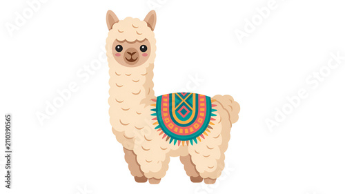 Cute cartoon llama with colorful boho dreamcatcher blanket. Adorable stylized animal character for branding and children's designs.
