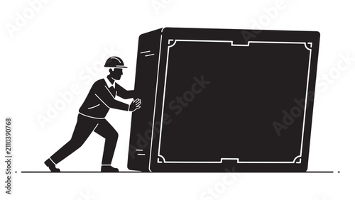 Construction worker pushing heavy industrial panel installation on site with safety helmet and teamwork focus