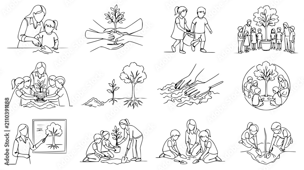 Obraz premium Children Planting Trees with Adults, Environmental Education, Sustainability Concept