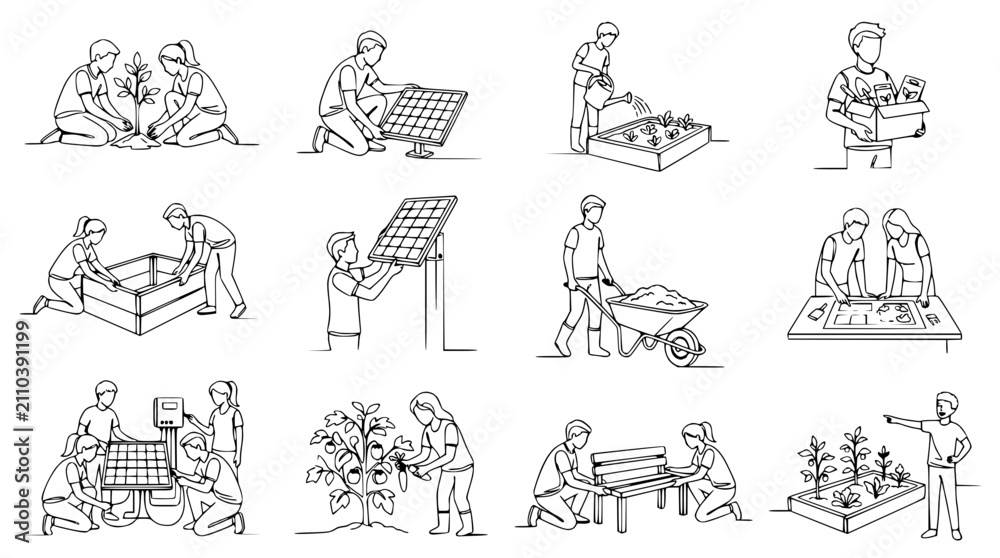 Obraz premium Sustainable Living: Community Garden, Solar Power, and Eco-Friendly Practices