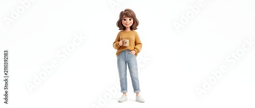 Young woman holding coffee cup casual outfit isolated white background