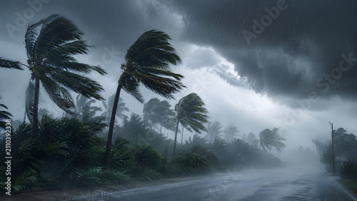 Tropical Road in Heavy Rain and Strong Wind