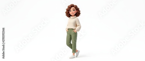Stylized character illustration of a young woman with curly hair in casual attire