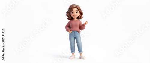 Stylized female character standing with hand gesture on white background