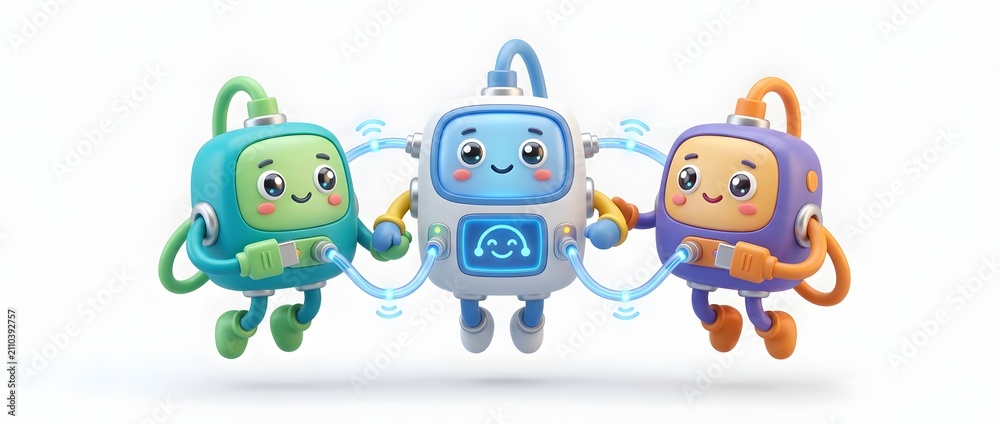 Fototapeta premium Three friendly cartoon robots connecting together with energy