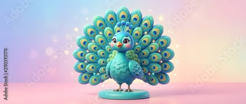 Stylized cartoon peacock displaying its vibrant blue and green tail feathers