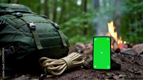 Person using smartphone near camping fire in forest.