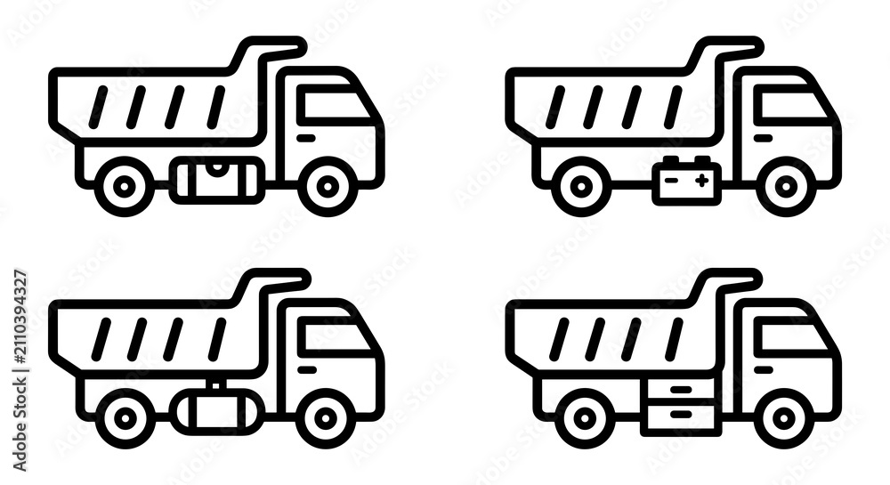 Fototapeta premium Dump truck icons showing electric gas and diesel fuel systems