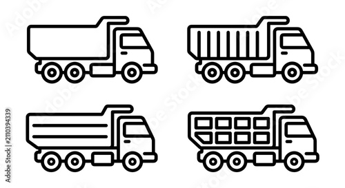 Dump truck line art icons for construction and logistics