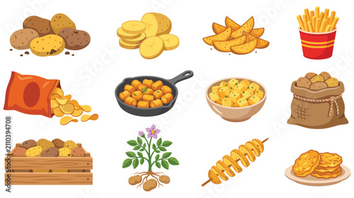 Foto Various potato dishes and potato plant.