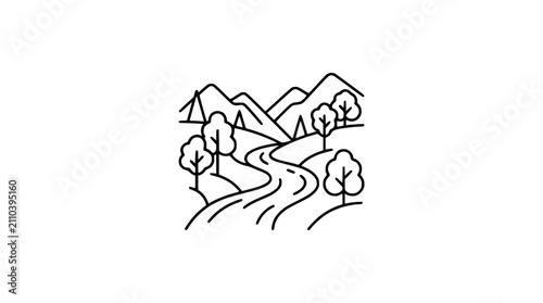 Minimalist Landscape Line Art: Winding River, Trees, and Mountains