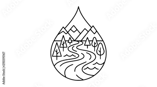 Minimalist Landscape Inside Water Drop Icon: Mountains, River, Trees, Nature Scene