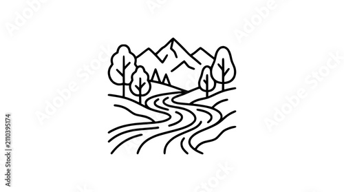 Stylized Mountain Landscape with Winding River and Trees - Line Art Illustration