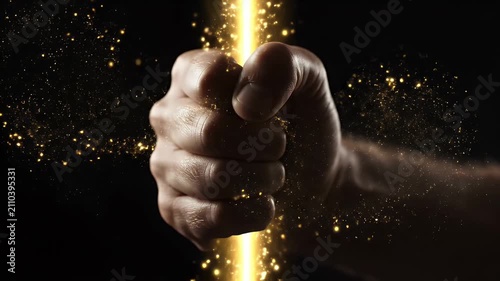 Close-up of a clenched fist emitting golden sparkles against dark background.