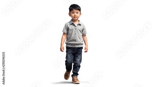 A young Asian boy, clad in casual attire, strides confidently against a plain white background, his gaze forward