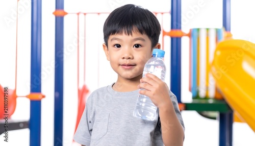 A young Asian boy smiles while holding a water bottle in front of a colorful playground