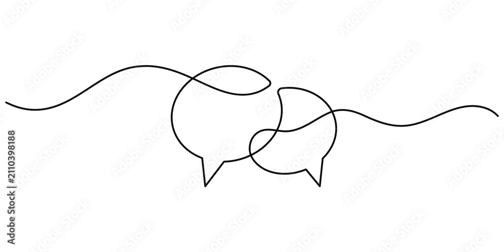 Obraz premium Two speech bubbles continuous line art showing a minimalist chat symbol vector.