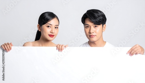 A young Asian couple, holding up a blank white sign in front of a neutral backdrop, looking at the camera
