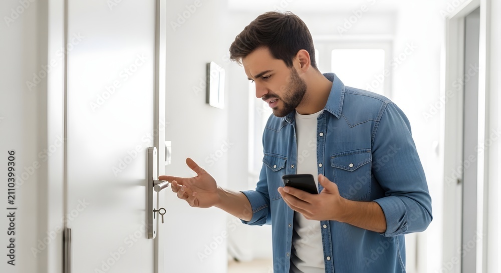 Fototapeta premium Young man using a smartphone and looking at the door lock, possibly having trouble with smart home technology.
