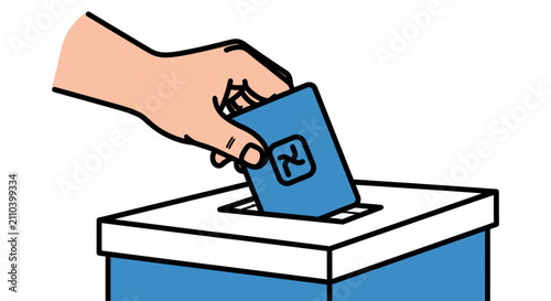 Person casts a blue card into a ballot box during an election voting scene for participation and democracy.