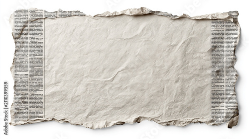 A horizontal aged newspaper sheet with a torn center showing a blank, crumpled white paper background.