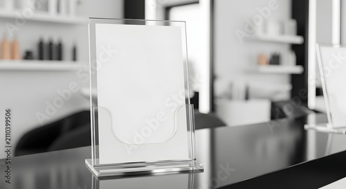 Clear acrylic stand with blank white paper on a counter in a modern salon or shop interior.