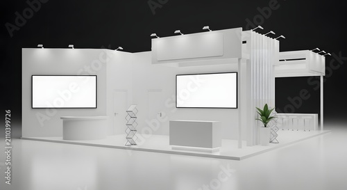 Modern white exhibition stand with blank screens and spotlights on a dark background, ready for product display and branding.