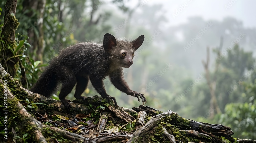 Fototapeta premium Ayeaye with large ears and eyes on a mossy log in a misty forest