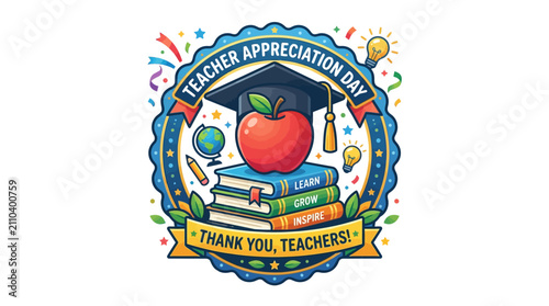 Teacher Appreciation Day Celebration Badge Illustration with Educational Symbols and Gratitude Message