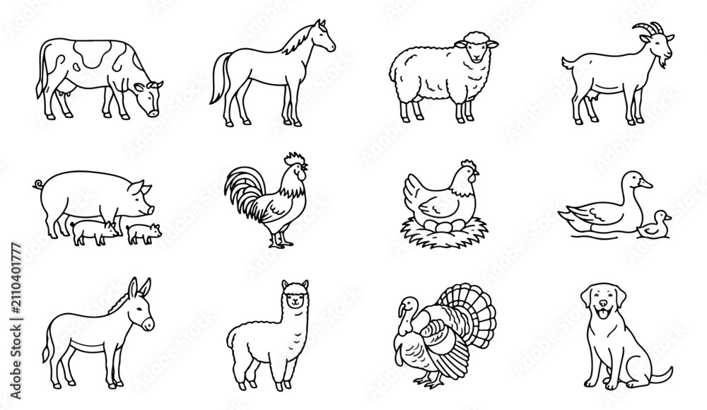 Fototapeta premium Minimalist farm animal icons, set of 12 line art livestock illustrations, black and white agricultural vector graphics for organic farming branding