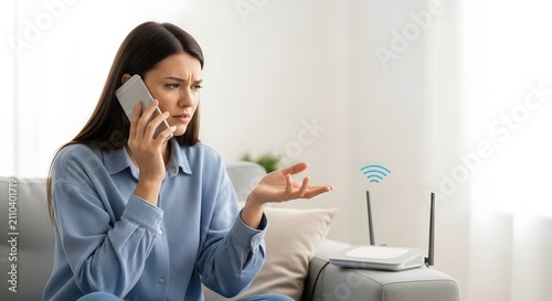 Frustrated young woman talking on smartphone about internet connection problems with Wi-Fi router at home, experiencing network issues.
