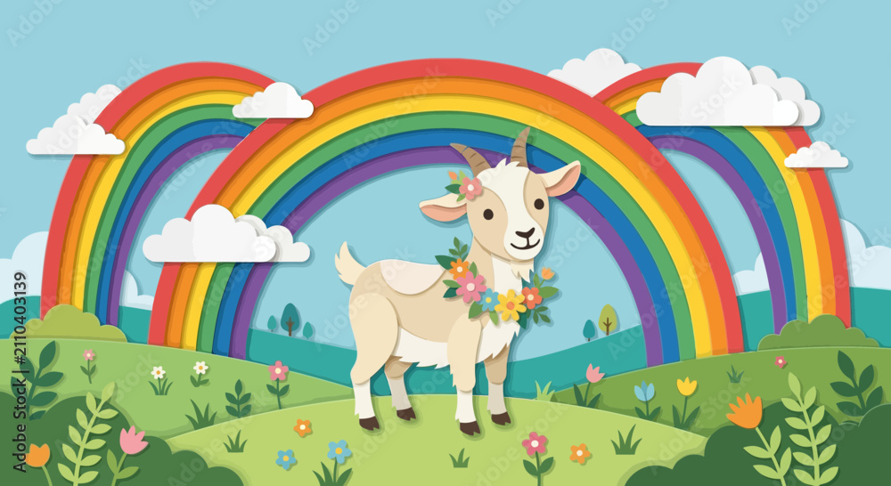 Fototapeta premium Cute goat with flower collar in rainbow landscape