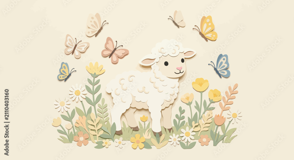Naklejka premium Cute lamb in meadow with paper butterflies and flowers