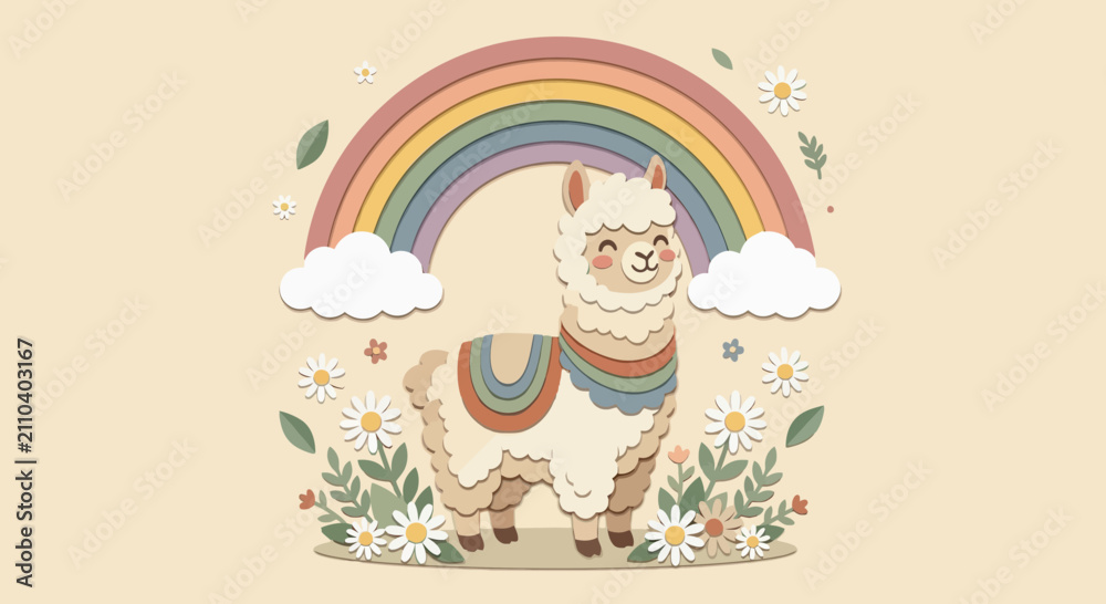 Fototapeta premium Cute llama with rainbow and flowers, happy animal illustration