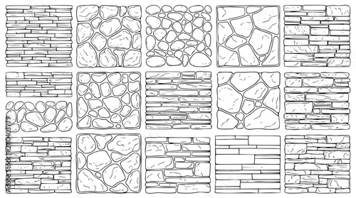 Collection of hand-drawn stone wall texture patterns and masonry designs