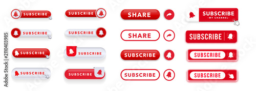Red Subscribe Button Collection, YouTube Subscribe Button Set, Share Button Icons, Social Media Call to Action, 3D Glossy UI Elements, Isolated on White Background