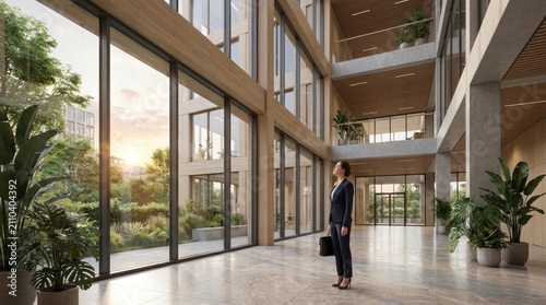 Businesswoman standing in a modern sustainable office lobby with indoor plants and large windows.