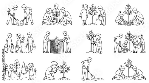 Bild auf Leinwand Children Planting Trees Together: A Collection of Outdoor Activities